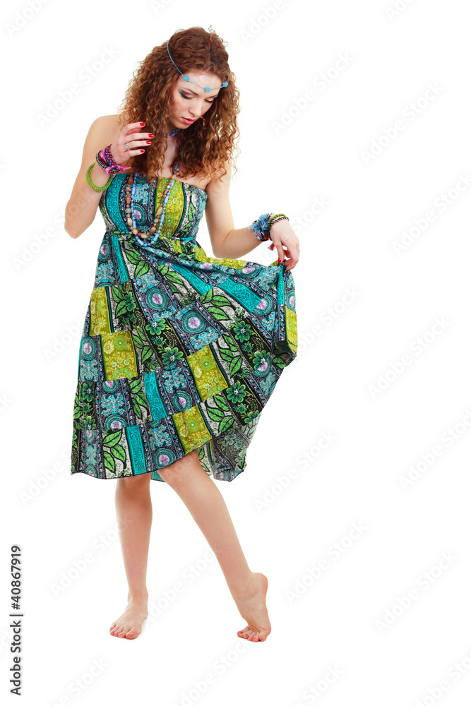 beautiful young hippie woman in green dress beautiful young hippie woman in green dress