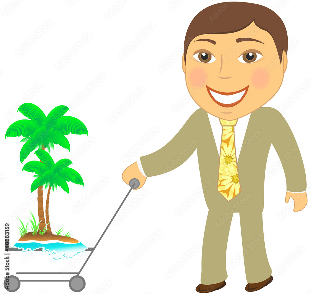 cartoon happy man with shopping cart and tropical island