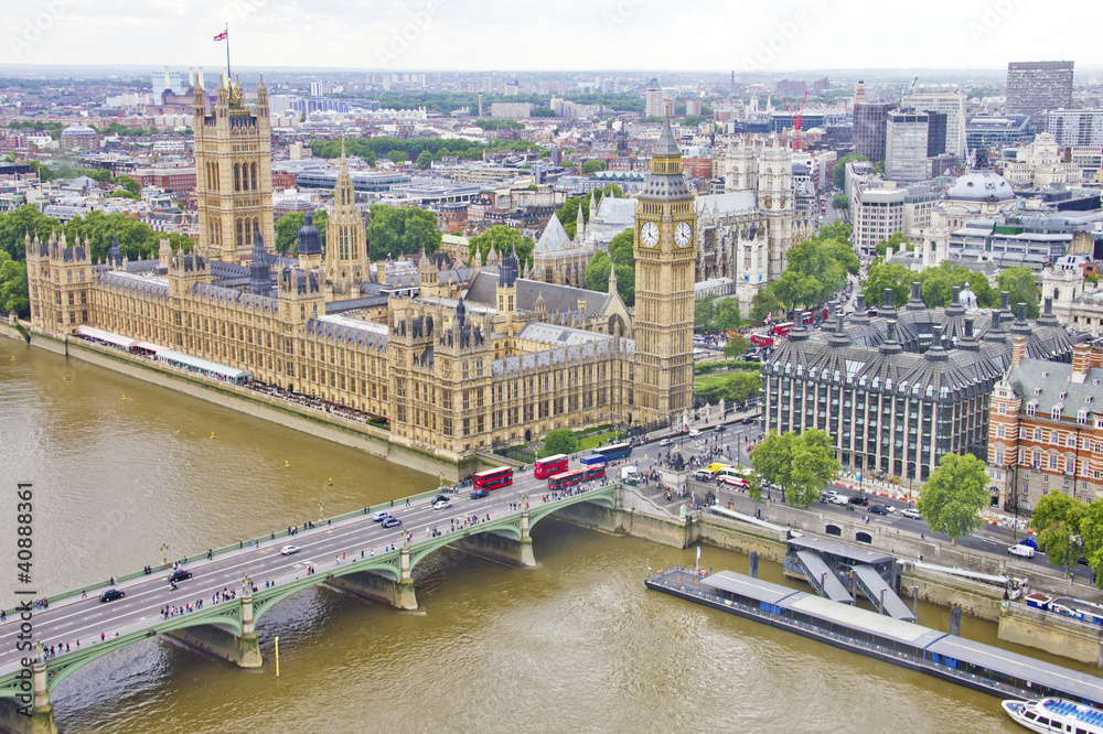Aerial view of the Big Ben, the Parliament and the Thames river