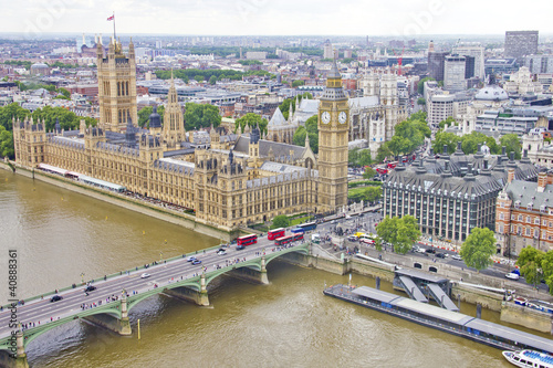 Aerial view of the Big Ben, the Parliament and the Thames river