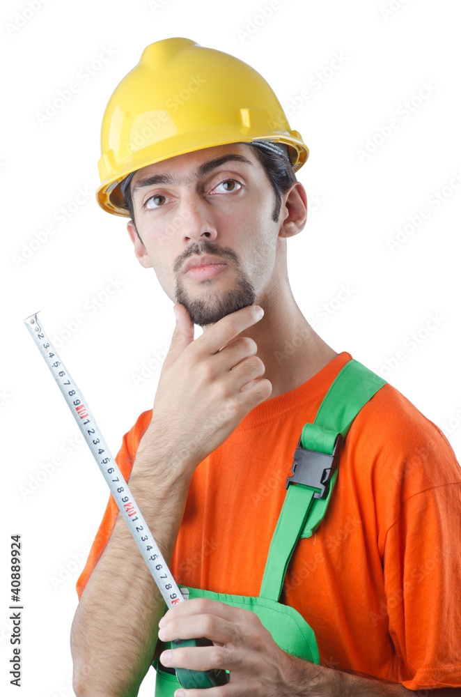 Worker with measuring tape on white Worker with measuring tape on white