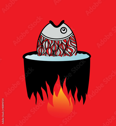 Fish cooked in water on a fire. Vector illustration.
