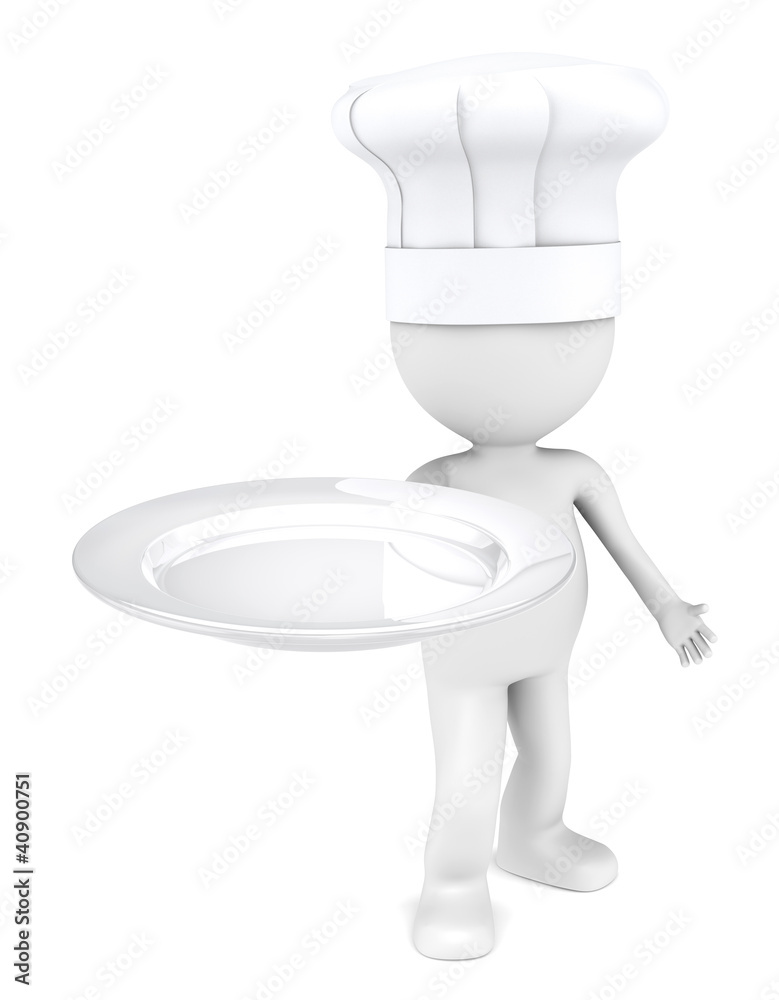 3D little human character the Chef with an empty plate. 3D little human character the Chef with an empty plate.