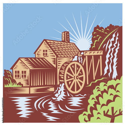 Water Wheel Mill House Retro