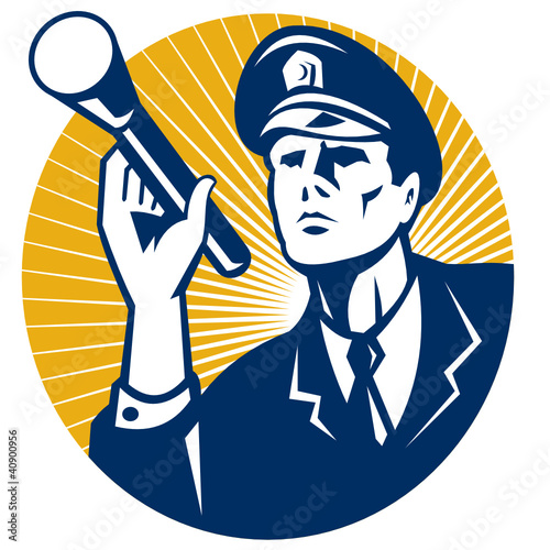 Policeman Security Guard With Flashlight Retro