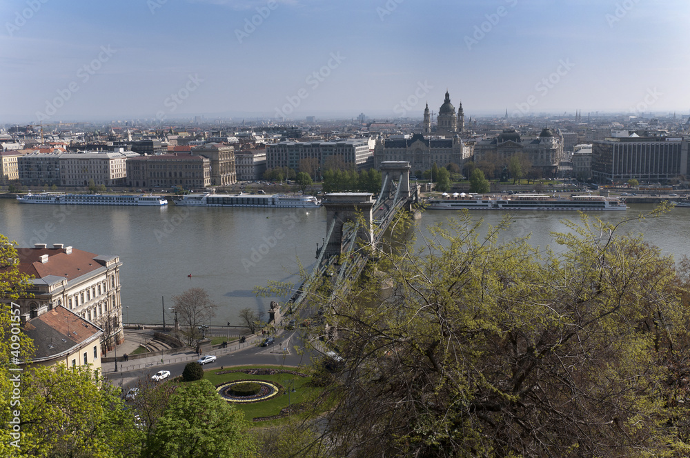 View of Chain Bridge from Castle in Budapest Hungary