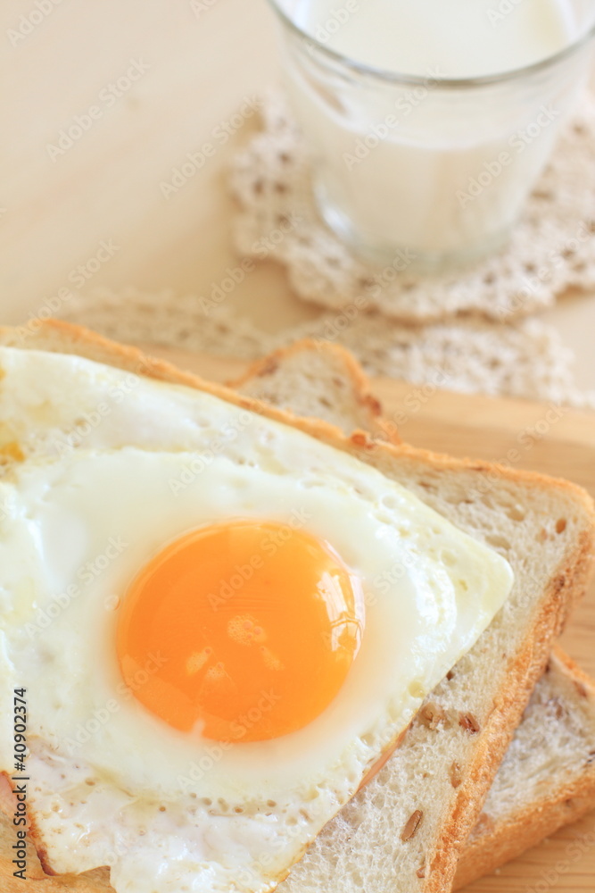 Sunny side up on bread with milk for breakfast image Sunny side up on bread with milk for breakfast image