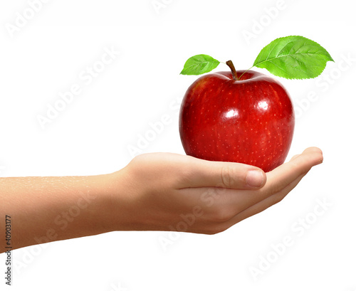 red apple in hands isolated on white