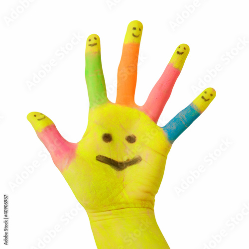 colorful hand with smile and happy finger smileys as logo.