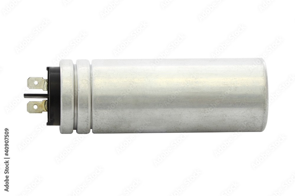 Silver can capacitor on white background. Silver can capacitor on white background.