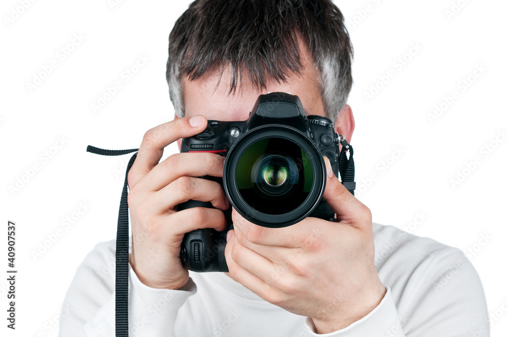 Young man with camera, isolated on white background Young man with camera, isolated on white background