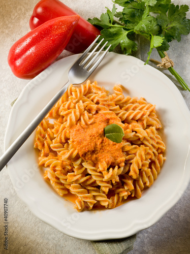 Fusilli with pepper cream sauce, healthy food