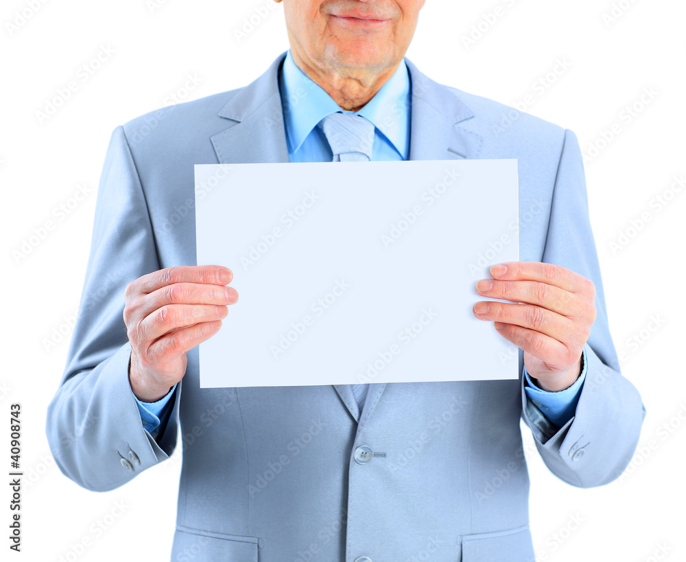 Close-up of't holding a big white poster. Isolated on Close-up of't holding a big white poster. Isolated on