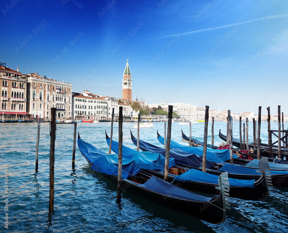 Gondolas on Grand Canal and St Marks Tower
