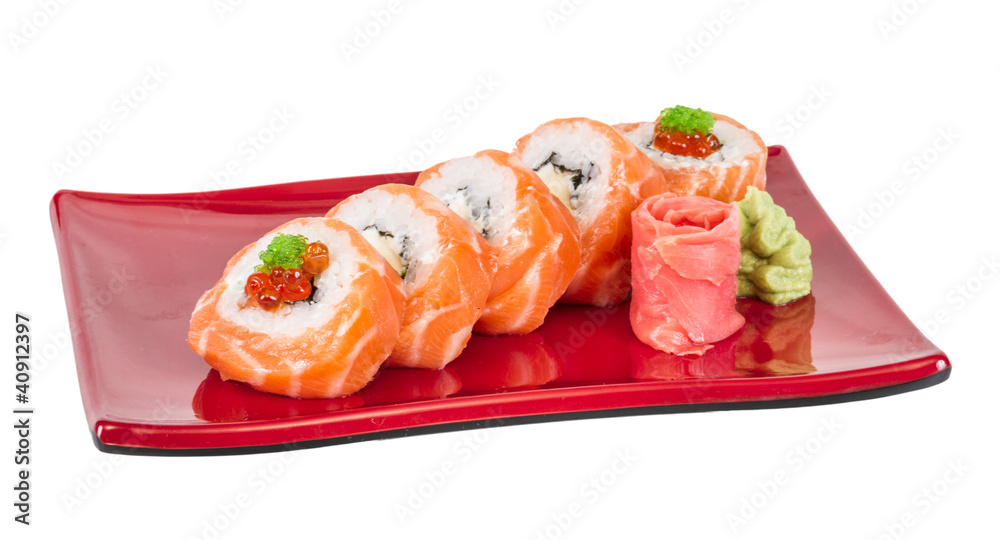 Japanese sushi traditional japanese food.Roll made of salmon, re Japanese sushi traditional japanese food.Roll made of salmon, re