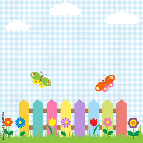 Colorful fence with flowers and butterflies