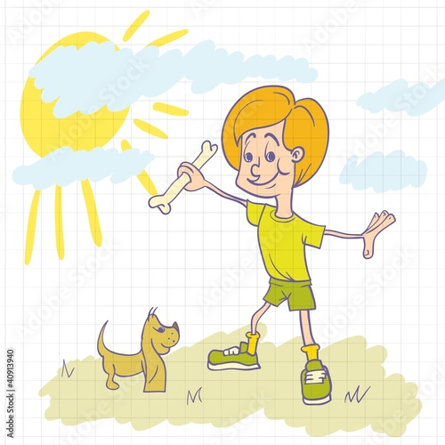 The boy on the street playing with a small dog