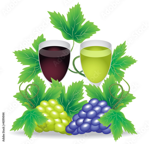 glasses of red and white wine grapes on the background branches