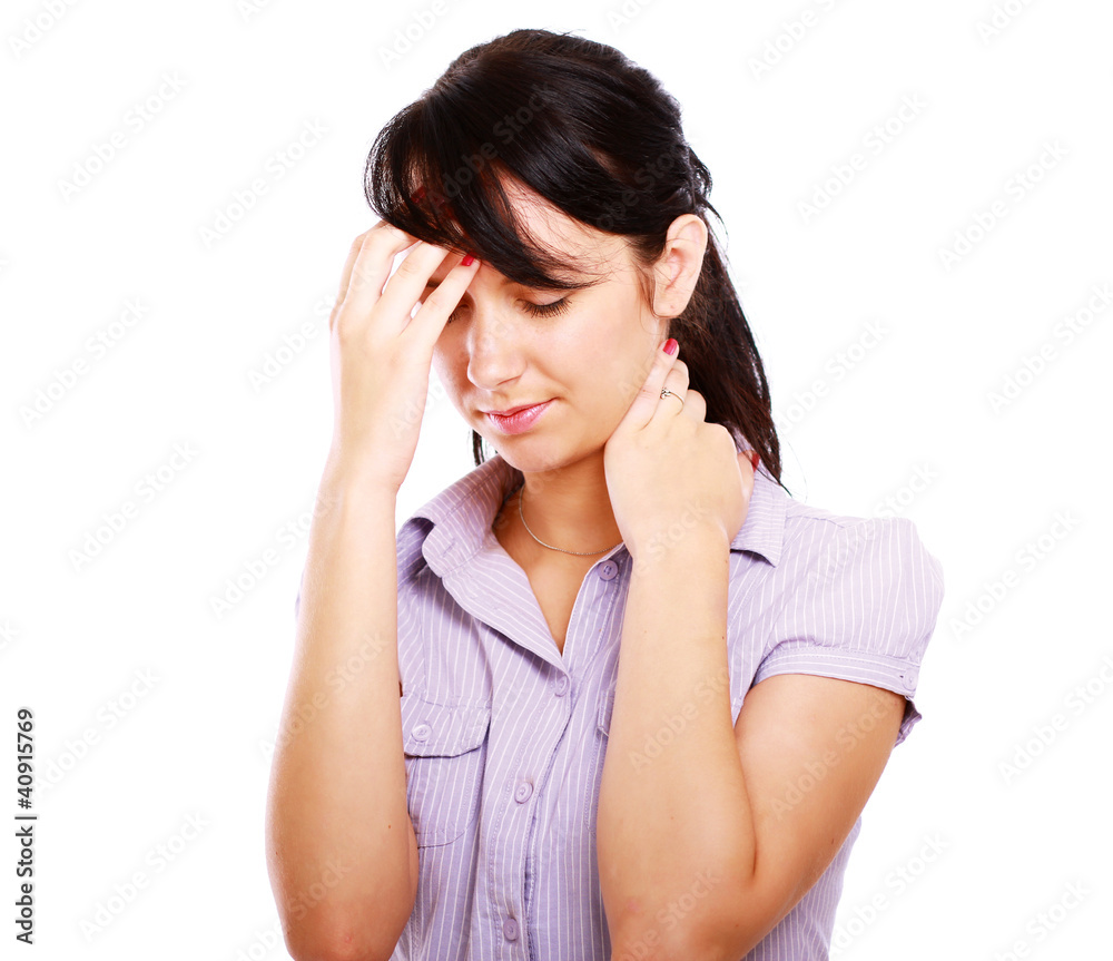 Young woman with headache isolated on white background Young woman with headache isolated on white background