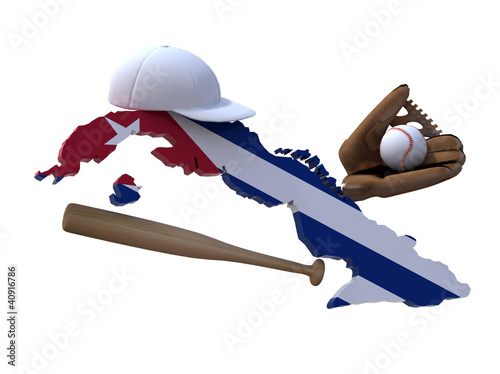 Fotografie, Obraz cuban map with flag, baseball hat, glove, ball and bat