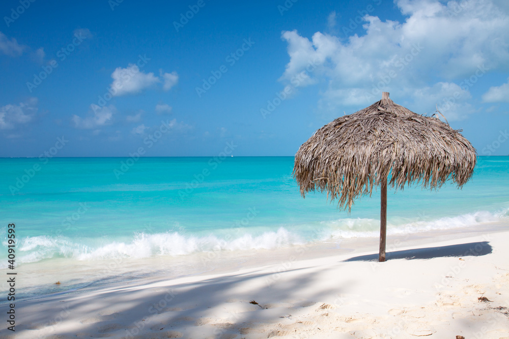 Beach Umbrella on a perfect white beach in front of Sea