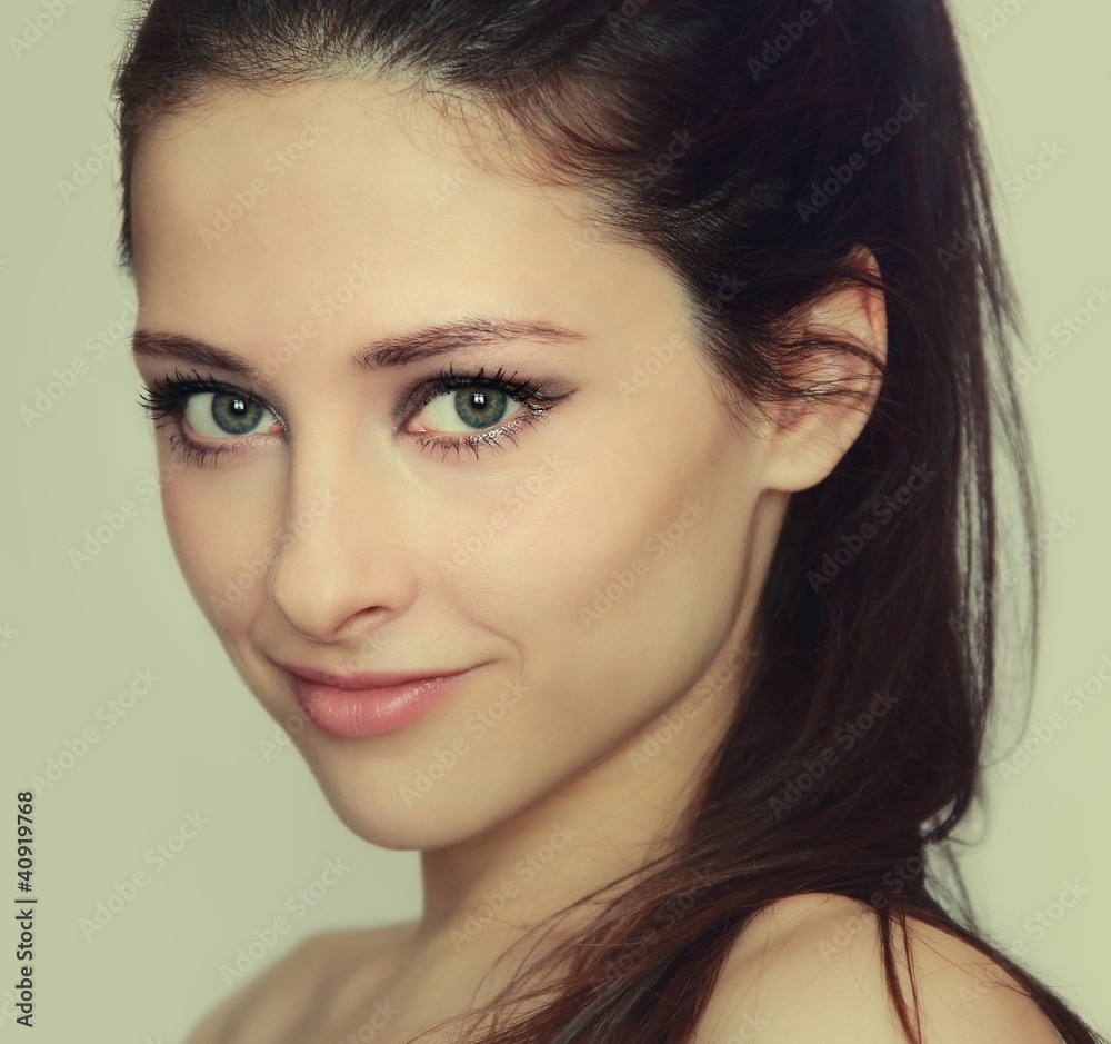 Beautiful sexy young woman face with green eyes. Retro closeup p Stock  Photo | Adobe Stock