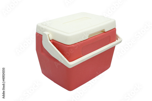 Plastic cooler box closed cover on white background.
