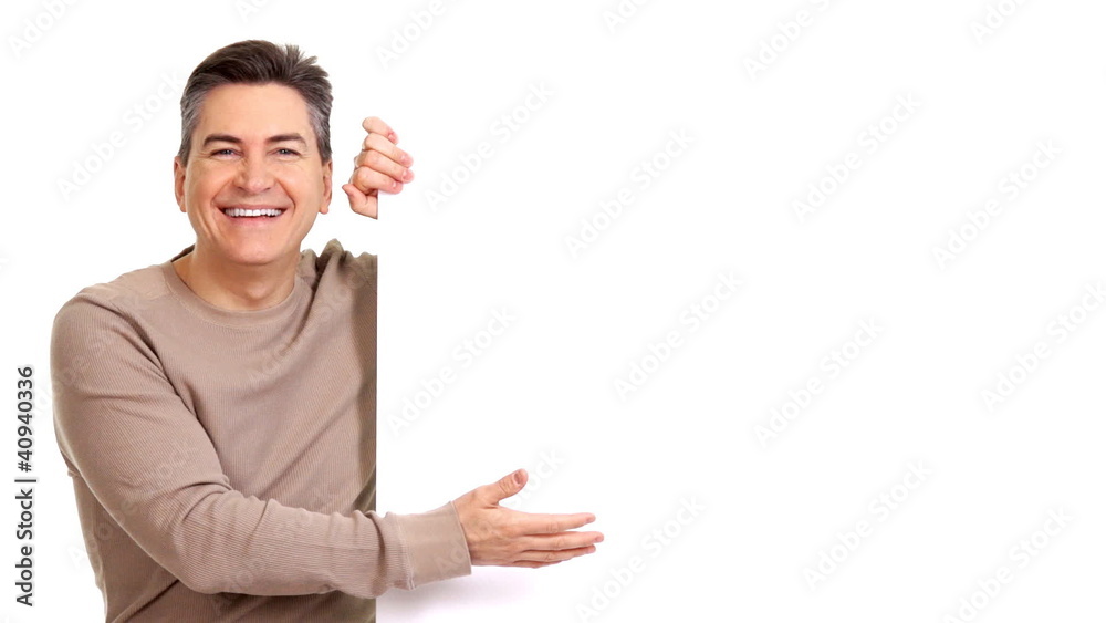 Happy man showing a banner.