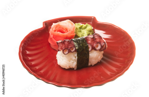Japanese sushi with meat octopus on a white background