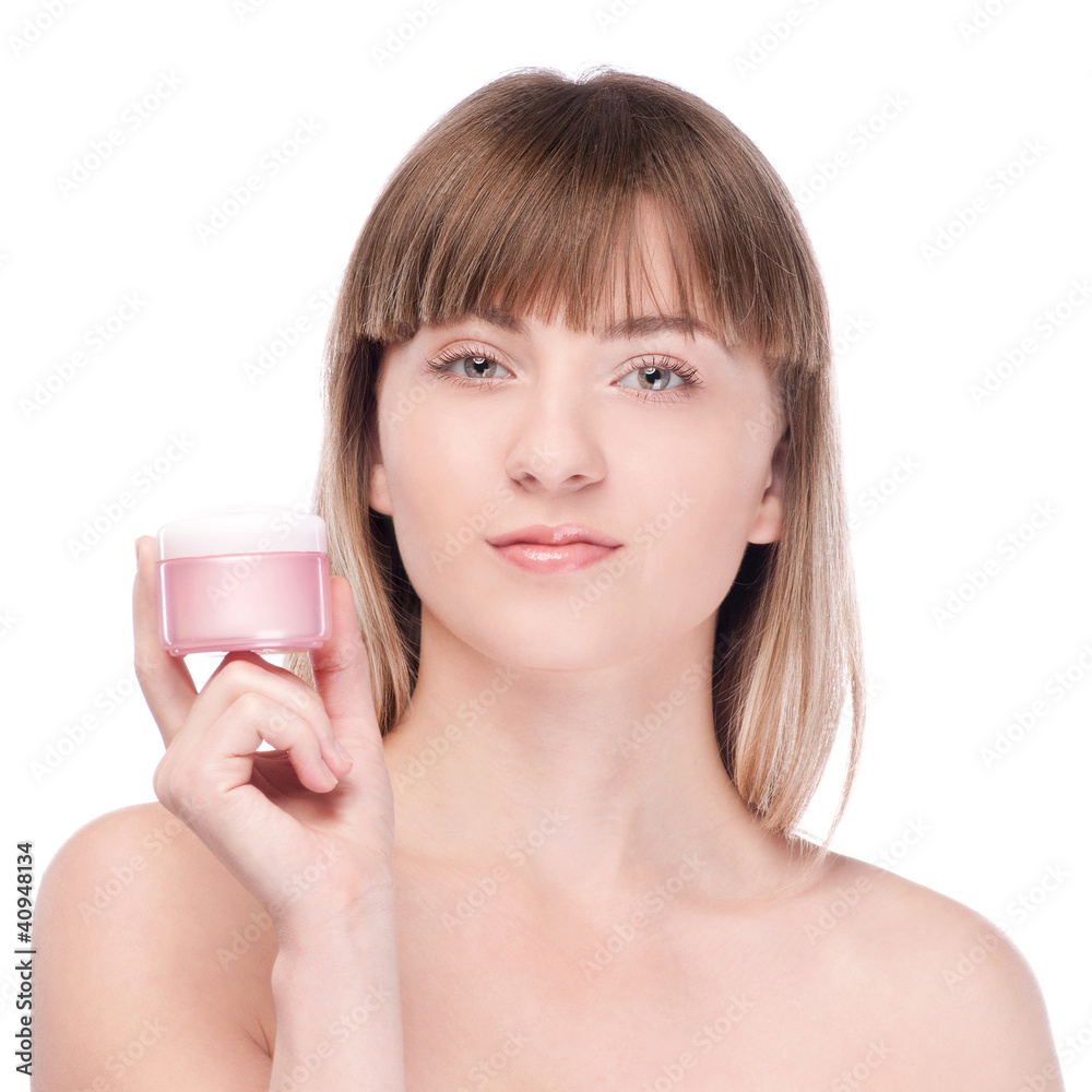 Woman offer moisturizer cream on white Woman offer moisturizer cream on white