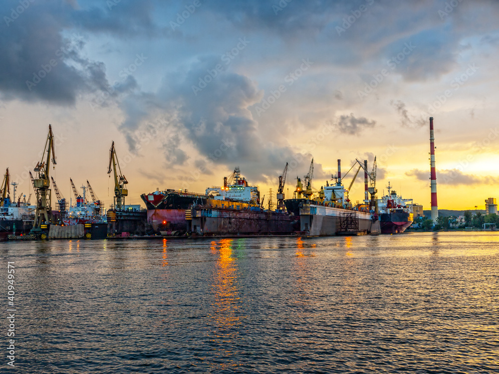 Shipyard of Gdansk at sunset, Poland.