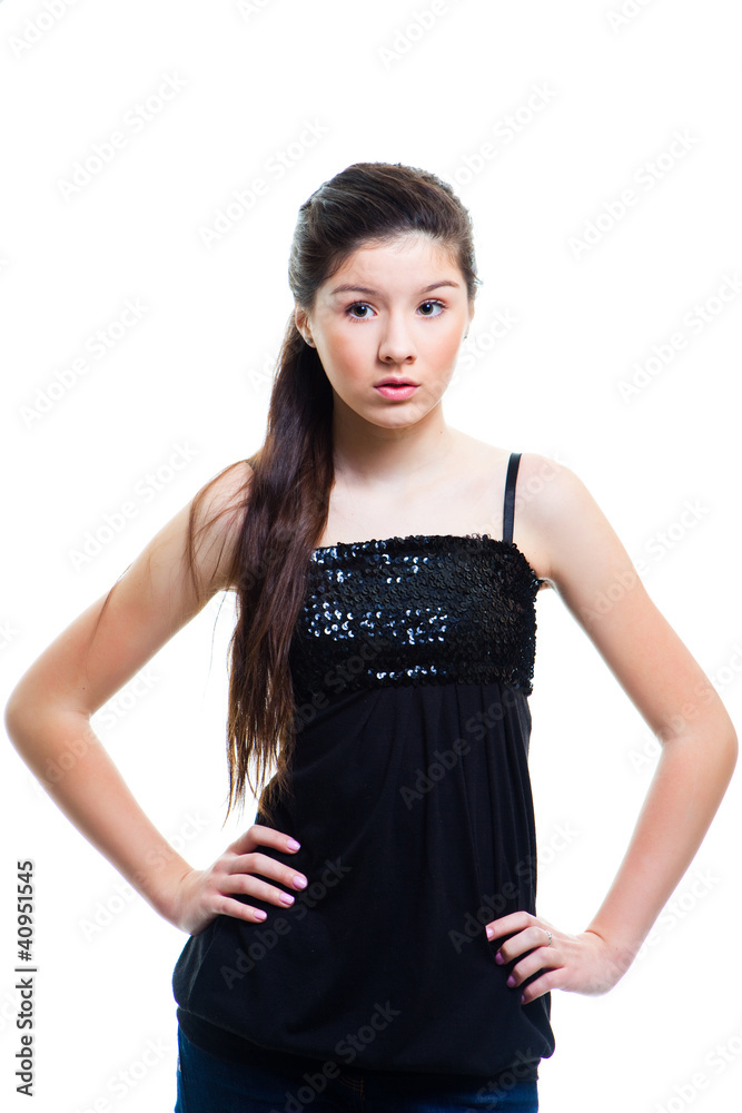 beautiful teenager girl with long dark hair on isolated white beautiful teenager girl with long dark hair on isolated white