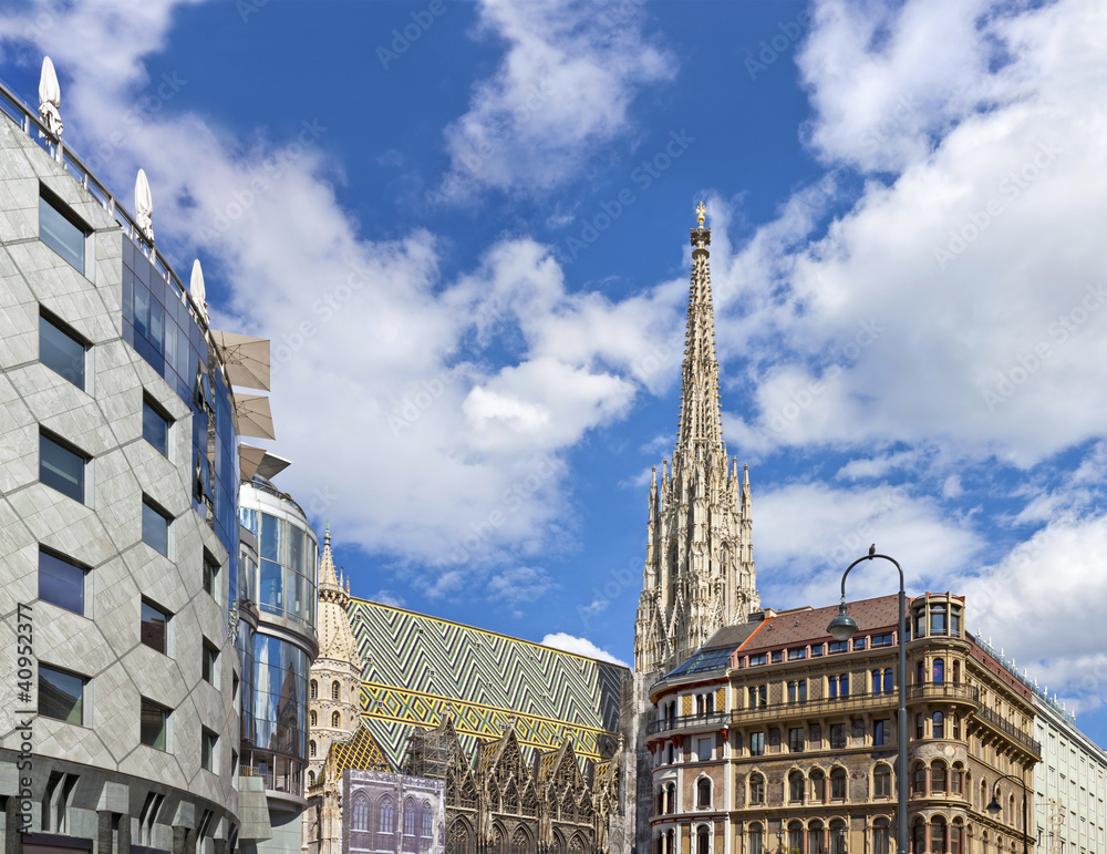 Vienna Stephansdom with the Haas-Haus opposite on a sunny day