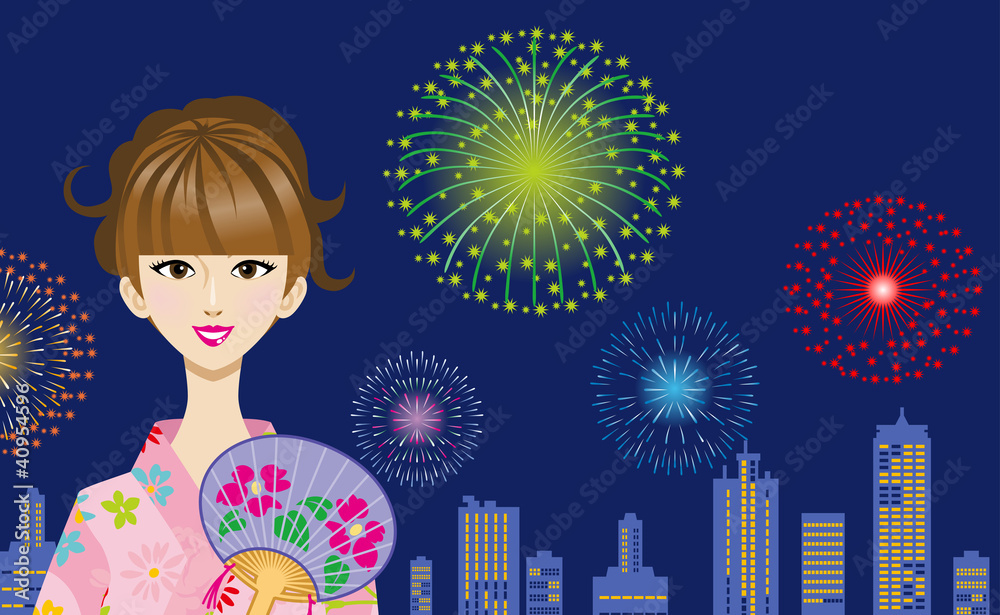 浴衣の女性花火上半身stock Vector Adobe Stock