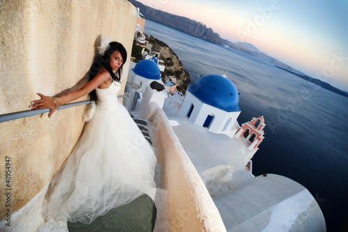 Bride in Santorini at sunset