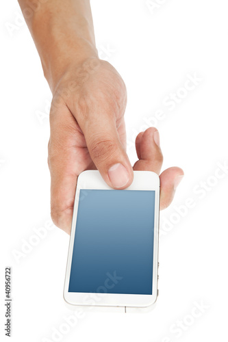 Hand holding and touch smart phone with blank screen