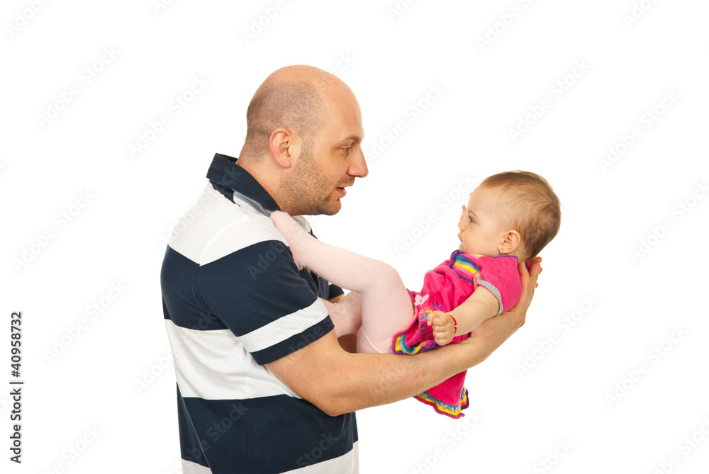 Father talking with baby girl Father talking with baby girl