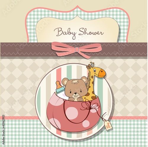 new baby announcement card with bag and same toys