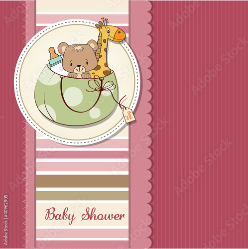 new baby announcement card with bag and same toys