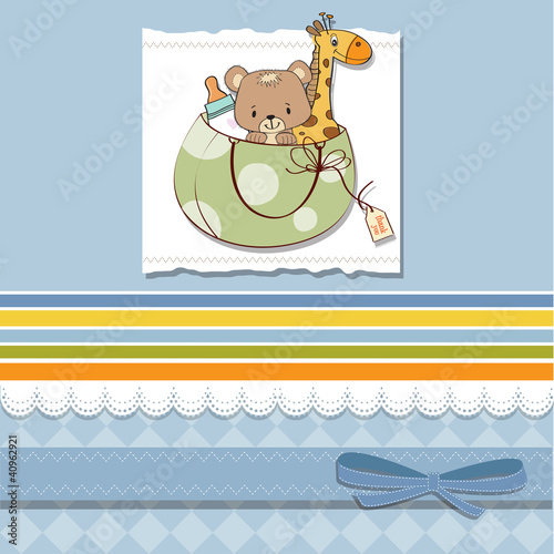 new baby announcement card with bag and same toys