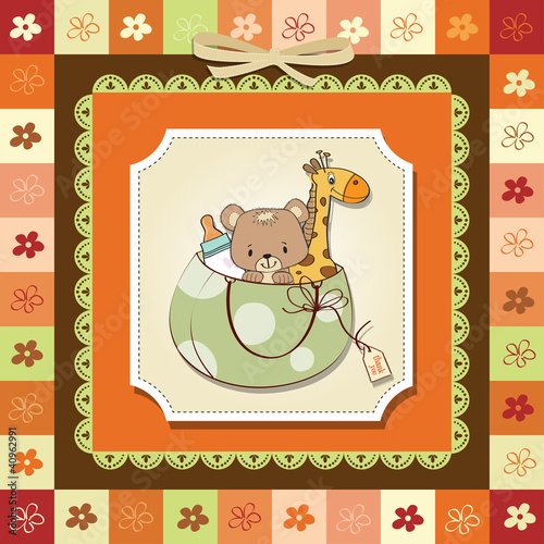 new baby announcement card with bag and same toys