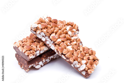 Bilde på lerret close up of chocolate with puffed rice bar on white background