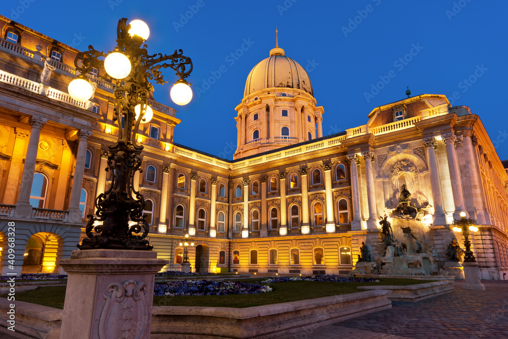 Naklejka premium Zamek Królewski w Budapeszcie z latarnią uliczną