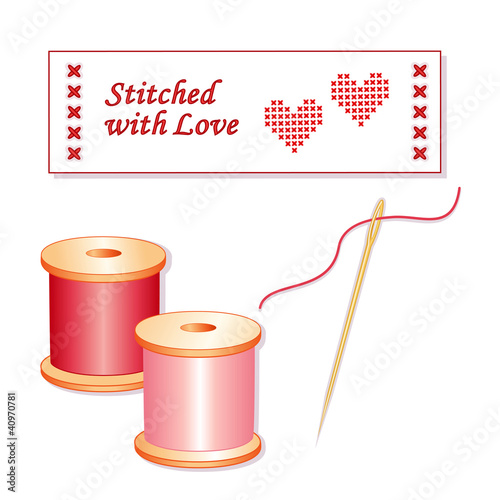 Stitched with Love Sewing Label, hearts, needle, pastel threads