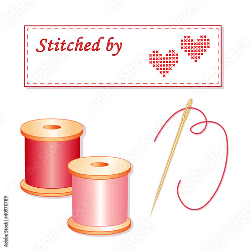 Stitched by Sewing Label, hearts, needle, copy space for name