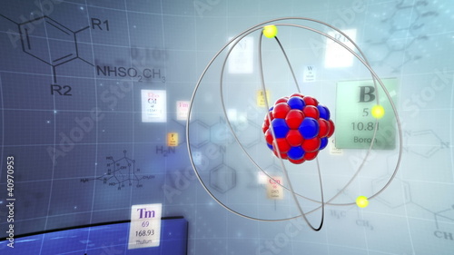 Atom model with elements of Periodic table and chemical formulas