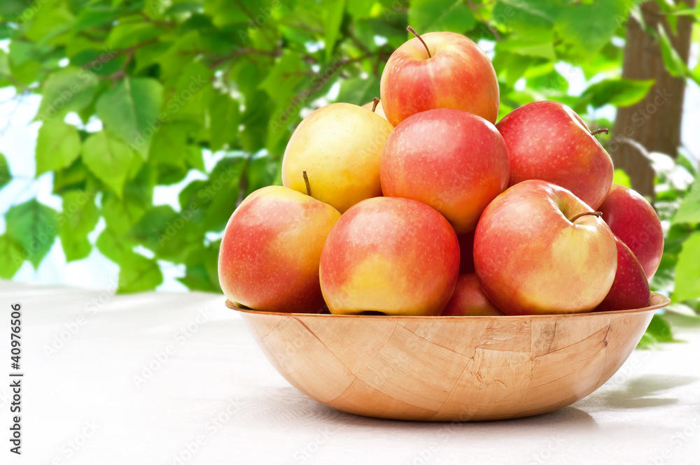 Ripe juicy apples on the table in the garden Ripe juicy apples on the table in the garden