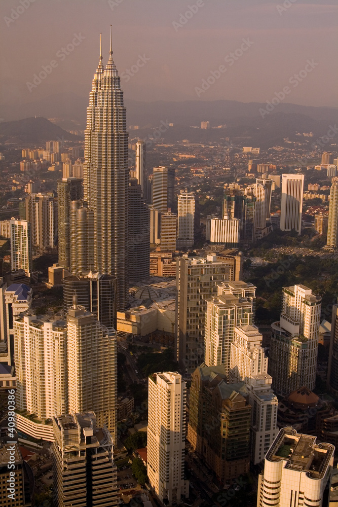 Petronas Twin Towers and the city centre at sunset