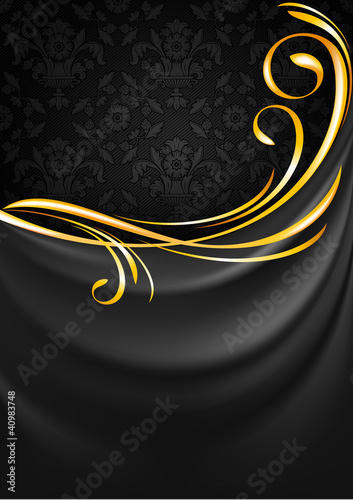 Dark gray fabric curtain background. Gold vignette