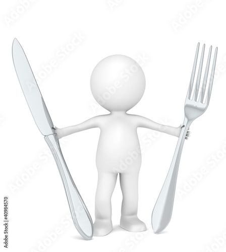 3D Little Human Character the Chef holding a fork and a knife .